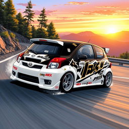 A vibrant and dynamic illustration of a 2006 Toyota Yaris, modified with a stylish and recognizable design inspired by the classic Toyota AE86 from the anime Initial D