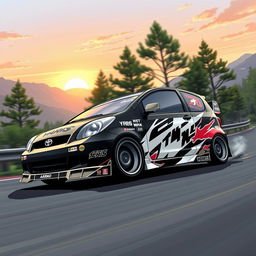 A vibrant and dynamic illustration of a 2006 Toyota Yaris, modified with a stylish and recognizable design inspired by the classic Toyota AE86 from the anime Initial D