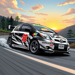 A vibrant and dynamic illustration of a 2006 Toyota Yaris, modified with a stylish and recognizable design inspired by the classic Toyota AE86 from the anime Initial D