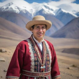 A Chilean person dressed in traditional clothing, with a warm expression, standing against a backdrop of the beautiful Andean mountains.