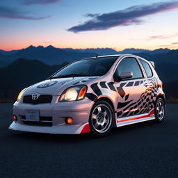 An artistic representation of a 2006 Toyota Yaris designed to resemble the Toyota AE86 from the anime Initial D