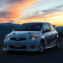 An artistic representation of a 2006 Toyota Yaris designed to resemble the Toyota AE86 from the anime Initial D