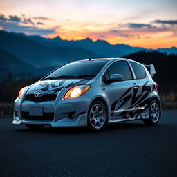 An artistic representation of a 2006 Toyota Yaris designed to resemble the Toyota AE86 from the anime Initial D