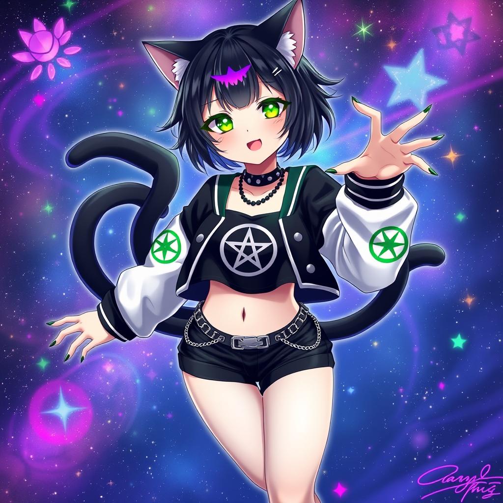 An anime-style adult cat girl with two tails, exhibiting a whimsical and playful presence as she floats gracefully in a starry galaxy filled with vibrant colors