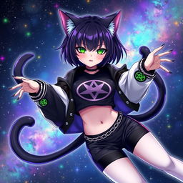 An anime-style adult cat girl with two tails, exhibiting a whimsical and playful presence as she floats gracefully in a starry galaxy filled with vibrant colors