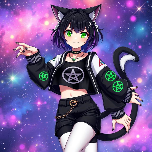 An anime-style adult cat girl with two tails, exhibiting a whimsical and playful presence as she floats gracefully in a starry galaxy filled with vibrant colors