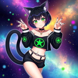 An anime-style adult cat girl with two tails, exhibiting a whimsical and playful presence as she floats gracefully in a starry galaxy filled with vibrant colors