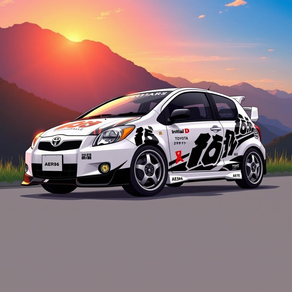 A detailed illustration of a 2006 Toyota Yaris prominently featuring decals inspired by the Toyota AE86 from the anime Initial D