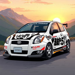 A detailed illustration of a 2006 Toyota Yaris prominently featuring decals inspired by the Toyota AE86 from the anime Initial D