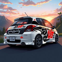 A detailed illustration of a 2006 Toyota Yaris prominently featuring decals inspired by the Toyota AE86 from the anime Initial D