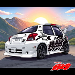 A detailed illustration of a 2006 Toyota Yaris prominently featuring decals inspired by the Toyota AE86 from the anime Initial D