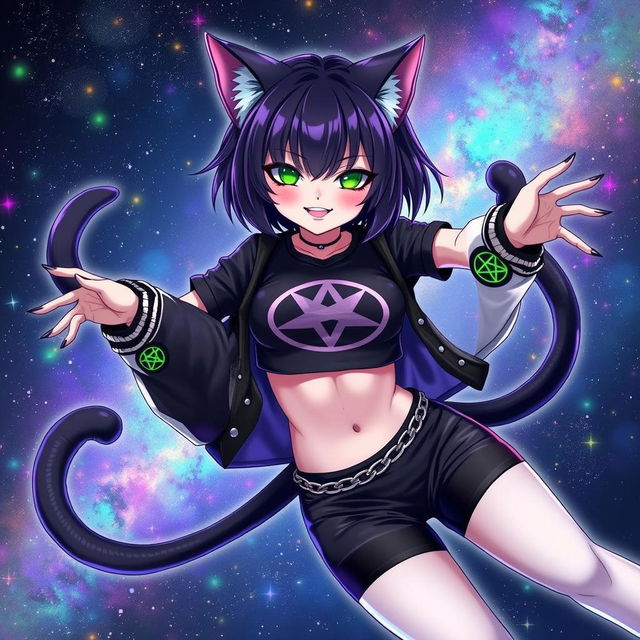 An anime-style illustration of an adult cat girl with two tails, floating in a colorful galaxy