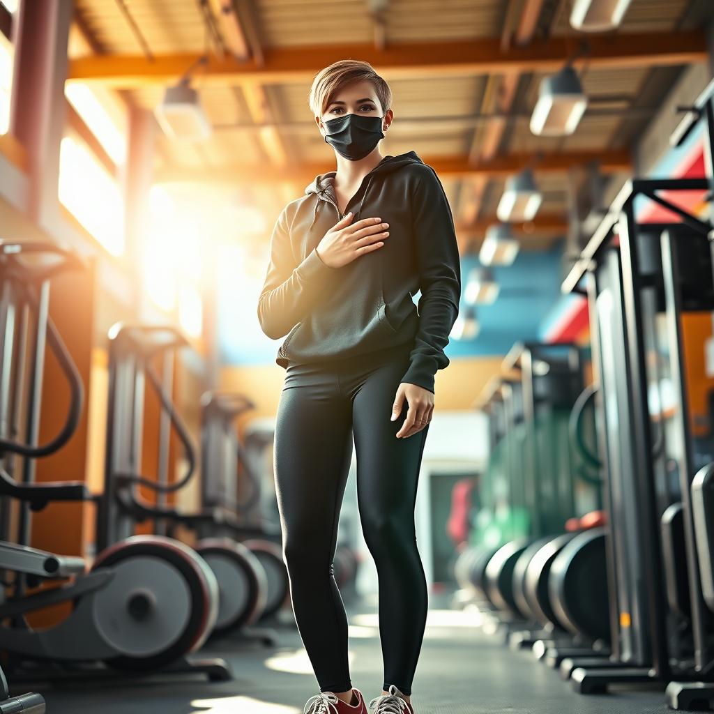 A stunning and fit young woman standing in a vibrant gym environment