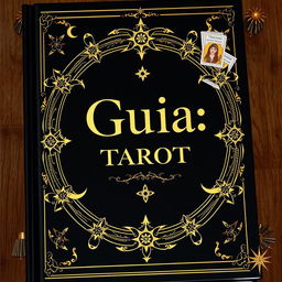 A black book cover featuring elegant gold lettering that reads "Guia: Tarot" prominently in the center