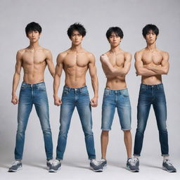 Generate an image portraying three skinny and muscular anime boys, standing in a row, showcasing their strength with confident poses.