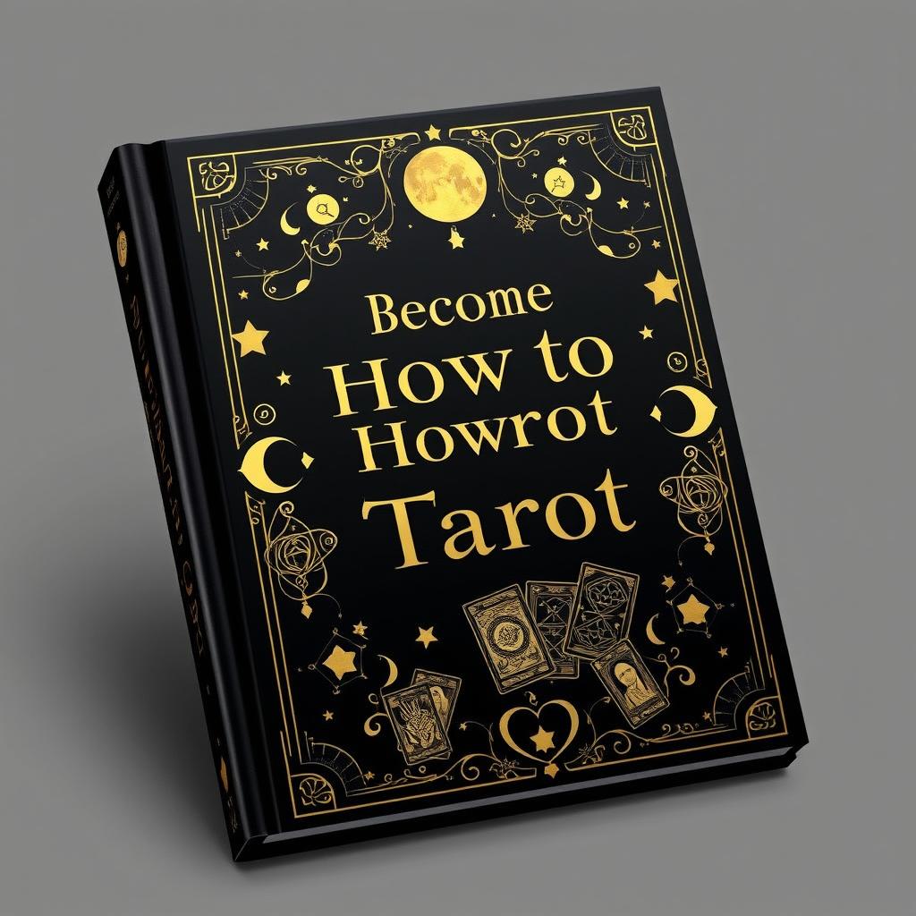 A stunning black book cover adorned with elegant gold designs, featuring the title "Become a How to Tarot" prominently displayed