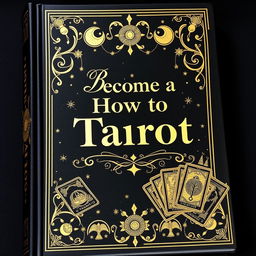 A stunning black book cover adorned with elegant gold designs, featuring the title "Become a How to Tarot" prominently displayed