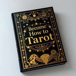 A stunning black book cover adorned with elegant gold designs, featuring the title "Become a How to Tarot" prominently displayed