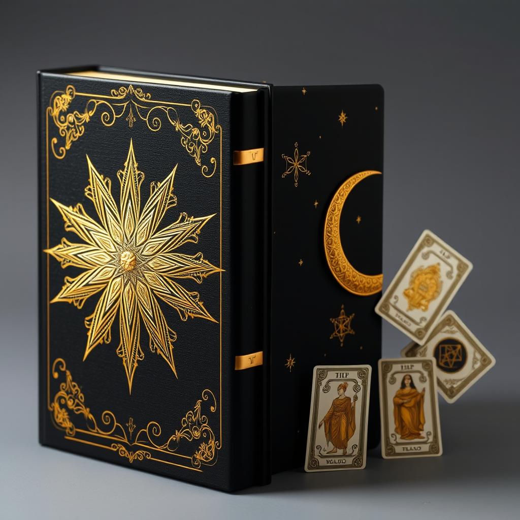 A stunning black book cover featuring gold elements, intricately designed