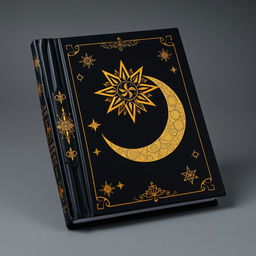 A stunning black book cover featuring gold elements, intricately designed