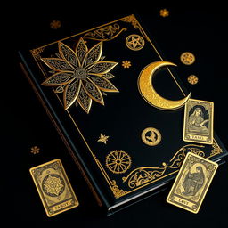 A stunning black book cover featuring gold elements, intricately designed