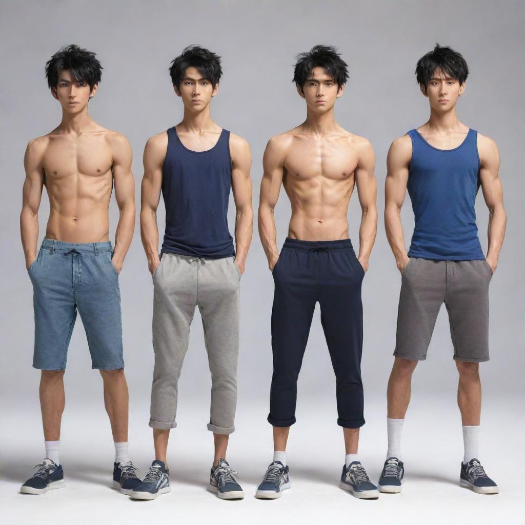 Generate an image portraying three skinny and muscular anime boys, standing in a row, showcasing their strength with confident poses.