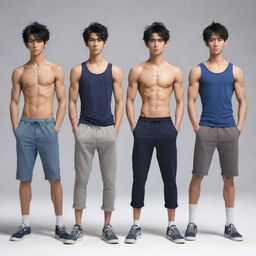 Generate an image portraying three skinny and muscular anime boys, standing in a row, showcasing their strength with confident poses.