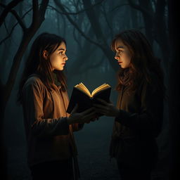 Two friends, lost in a dark forest, stand apart