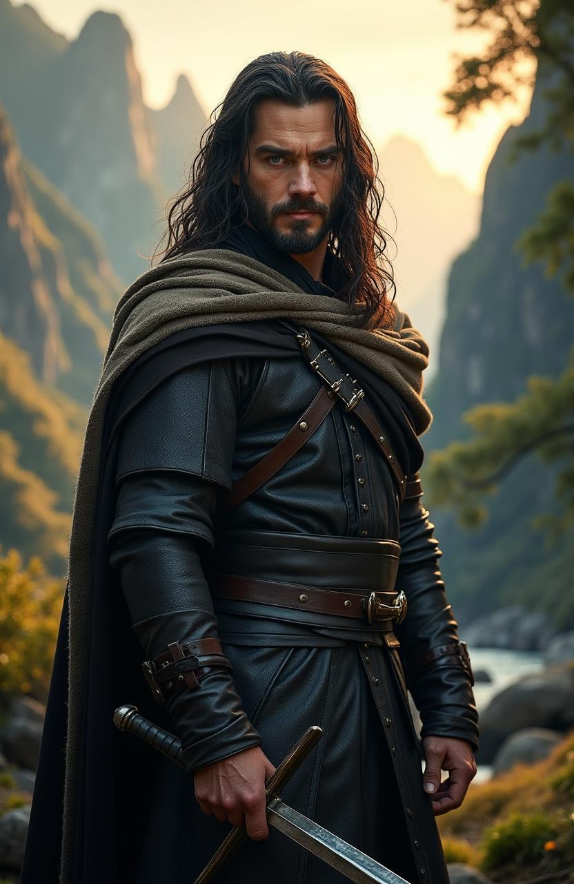 A hyper-realistic photo of Aragorn from Lord of the Rings, showcasing him with a sword drawn, ready for action