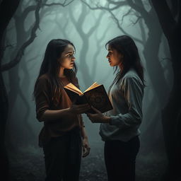 Two friends, lost in a dark forest, stand apart