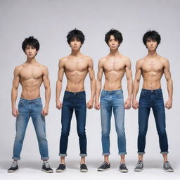 Generate an image portraying three skinny and muscular anime boys, standing in a row, showcasing their strength with confident poses.