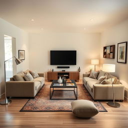 A cozy and modern TV room measuring 20x12 feet featuring one open wall, creating an inviting and spacious atmosphere