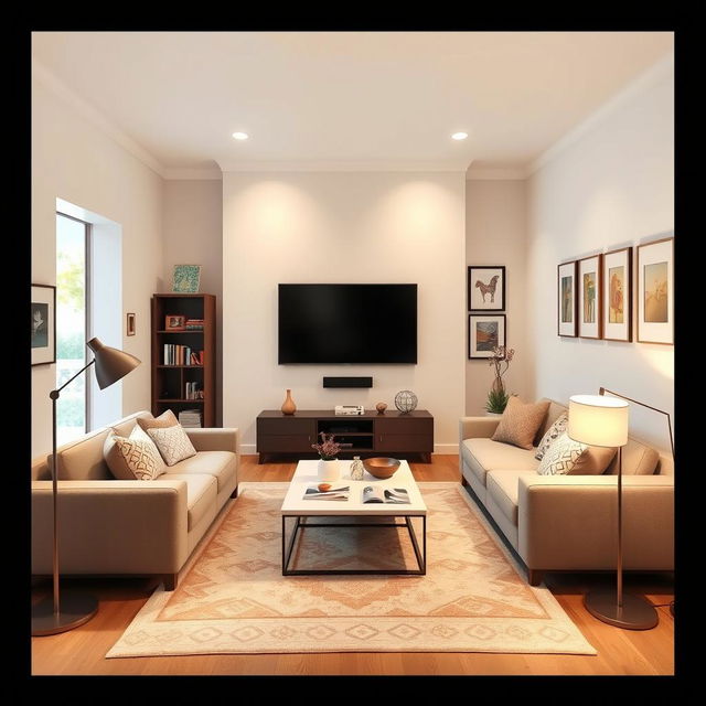 A cozy and modern TV room measuring 20x12 feet featuring one open wall, creating an inviting and spacious atmosphere