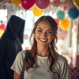 A deceptive friend, wearing a charming smile, stands in a bright, colorful room filled with decorations and party balloons