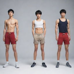 Generate an image portraying three skinny and muscular anime boys, standing in a row, showcasing their strength with confident poses.