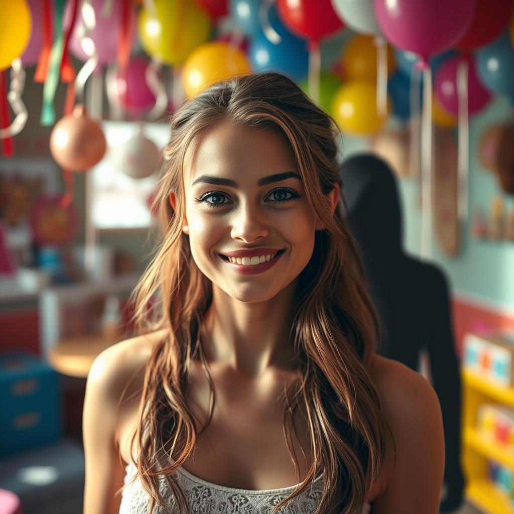 A deceptive friend, wearing a charming smile, stands in a bright, colorful room filled with decorations and party balloons