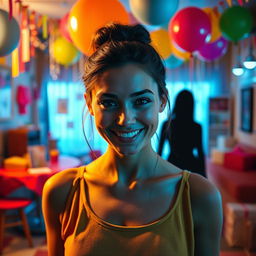 A deceptive friend, wearing a charming smile, stands in a bright, colorful room filled with decorations and party balloons