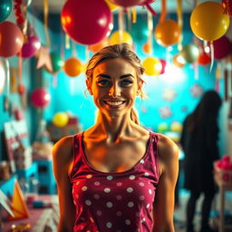 A deceptive friend, wearing a charming smile, stands in a bright, colorful room filled with decorations and party balloons