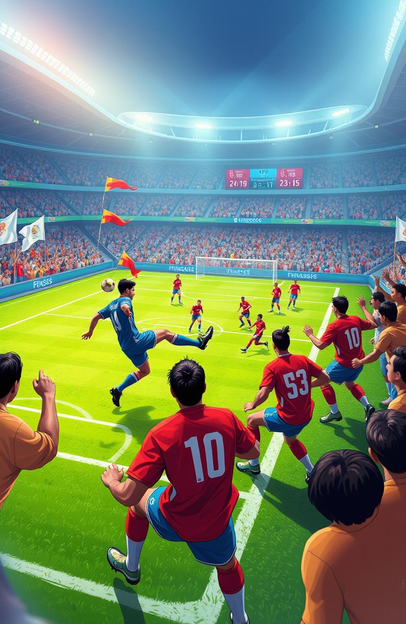 A dynamic and vibrant illustration depicting an intense eFootball match taking place in a detailed virtual stadium