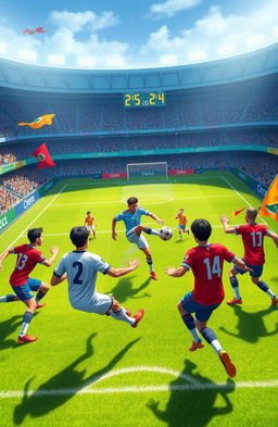 A dynamic and vibrant illustration depicting an intense eFootball match taking place in a detailed virtual stadium