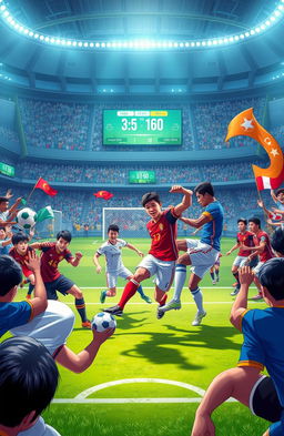 A dynamic and vibrant illustration depicting an intense eFootball match taking place in a detailed virtual stadium