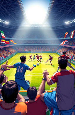 A dynamic and vibrant illustration depicting an intense eFootball match taking place in a detailed virtual stadium