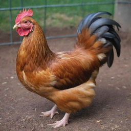 A healthy, medium-sized chicken with glossy feathers, feeding in a clean and well-maintained coop, representing a value of $10.