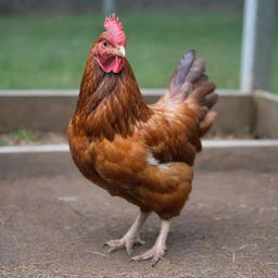 A healthy, medium-sized chicken with glossy feathers, feeding in a clean and well-maintained coop, representing a value of $10.