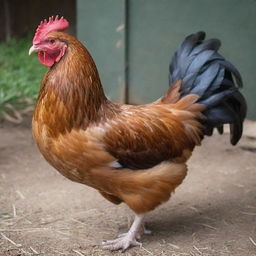 A healthy, medium-sized chicken with glossy feathers, feeding in a clean and well-maintained coop, representing a value of $10.