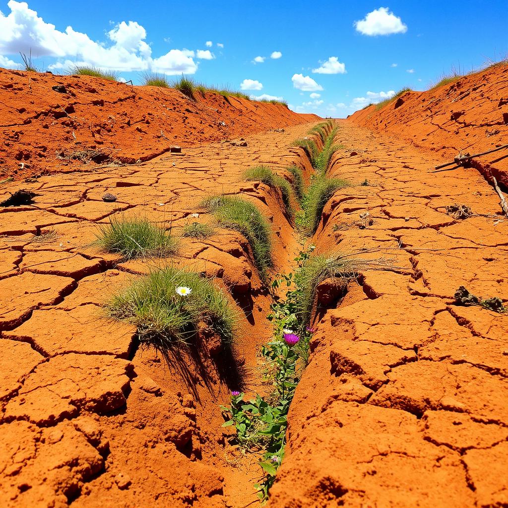 A dry, earthy terrain featuring a prominent drainage ditch (sanja) running through it