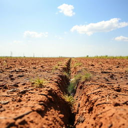 A dry, earthy terrain featuring a prominent drainage ditch (sanja) running through it