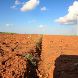 A dry, earthy terrain featuring a prominent drainage ditch (sanja) running through it