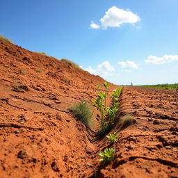 A dry, earthy terrain featuring a prominent drainage ditch (sanja) running through it