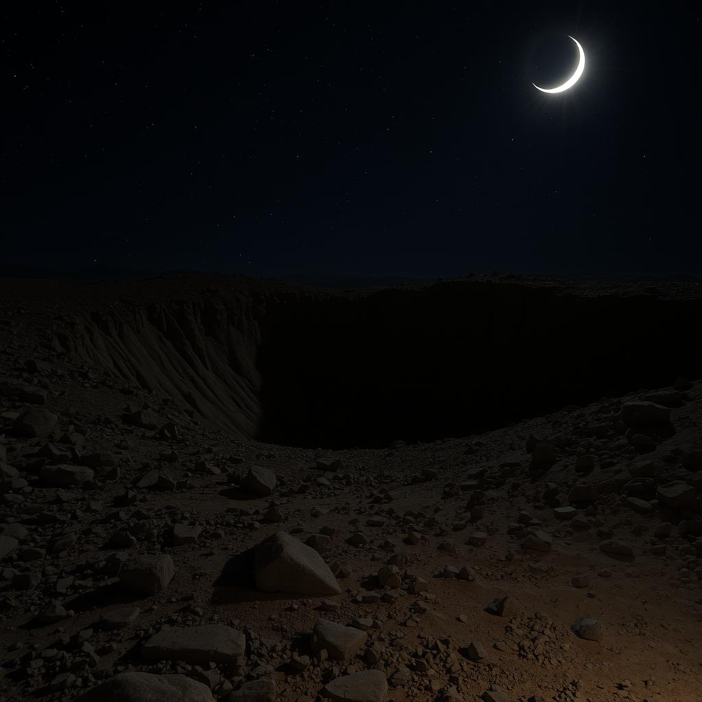 A nighttime scene of a rugged dirt terrain featuring a prominent crater illuminated by the soft glow of a crescent moon